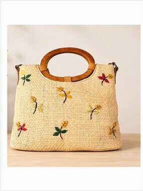 Vintage Fossil Raffia Straw Handbag • Wooden Handles • Boho Coastal Summer Purse
